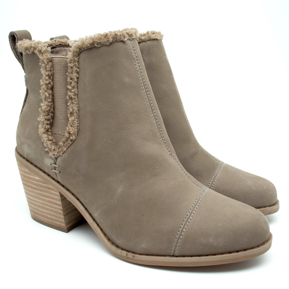 TOMS Everly Taupe Leather Faux Shearling Ankle Boots Womens SIZE 7